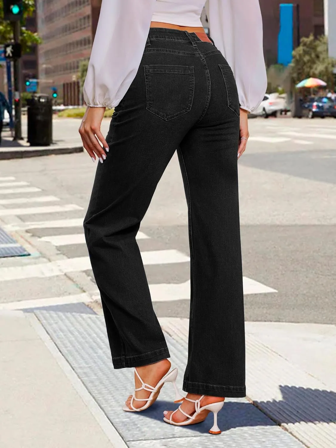 Genleck Wide Leg Jeans for Women  High Waisted Stretch Front Patch Pockets Trendy Jeans Baggy Mom Tummy Control Denim Pants