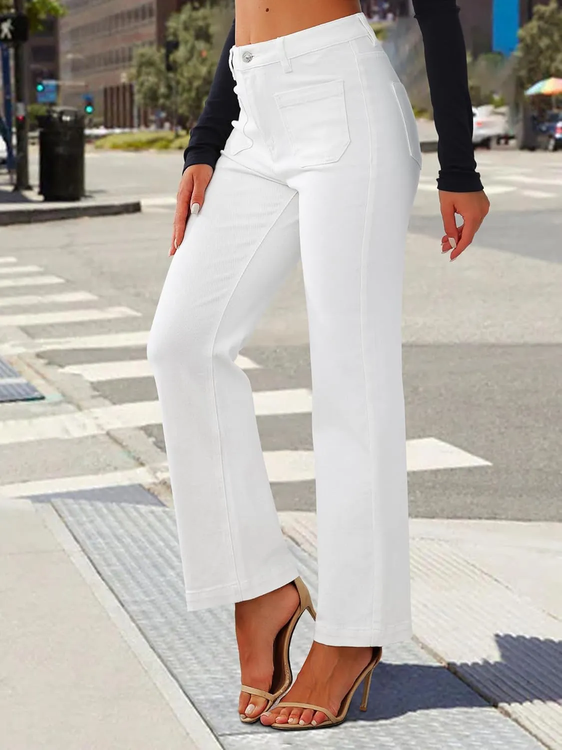 Genleck Wide Leg Jeans for Women  High Waisted Stretch Front Patch Pockets Trendy Jeans Baggy Mom Tummy Control Denim Pants