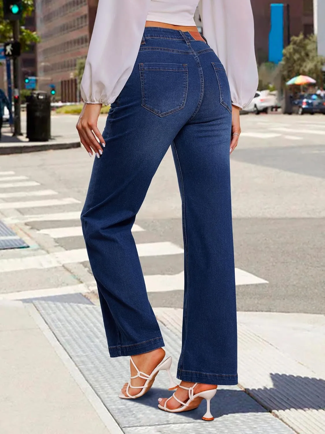 Genleck Wide Leg Jeans for Women  High Waisted Stretch Front Patch Pockets Trendy Jeans Baggy Mom Tummy Control Denim Pants