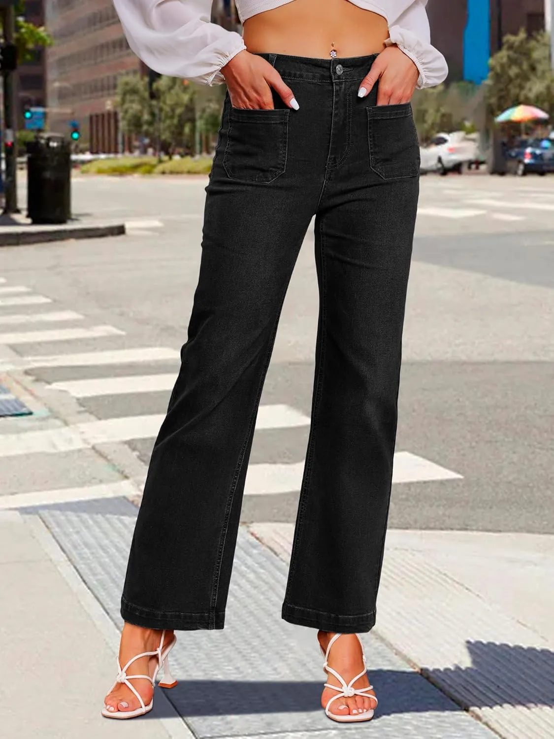 Genleck Wide Leg Jeans for Women  High Waisted Stretch Front Patch Pockets Trendy Jeans Baggy Mom Tummy Control Denim Pants