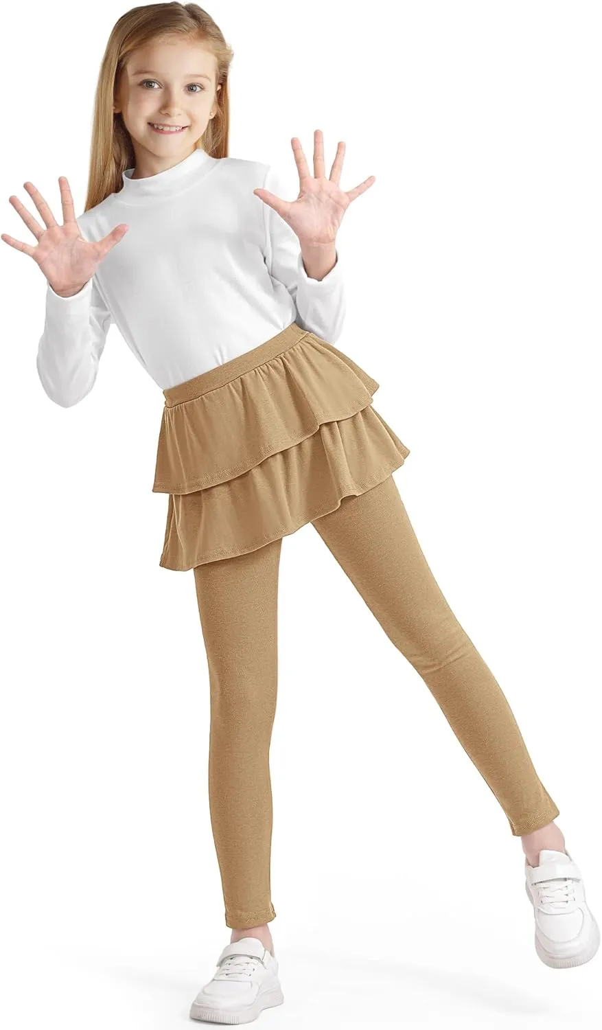 Girls Leggings with Skirts School Uniform Athletic Stretchy Tutu Pants Kids Warm Ruffle Clothes 2-Pack