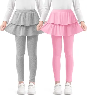 Girls Leggings with Skirts School Uniform Athletic Stretchy Tutu Pants Kids Warm Ruffle Clothes 2-Pack