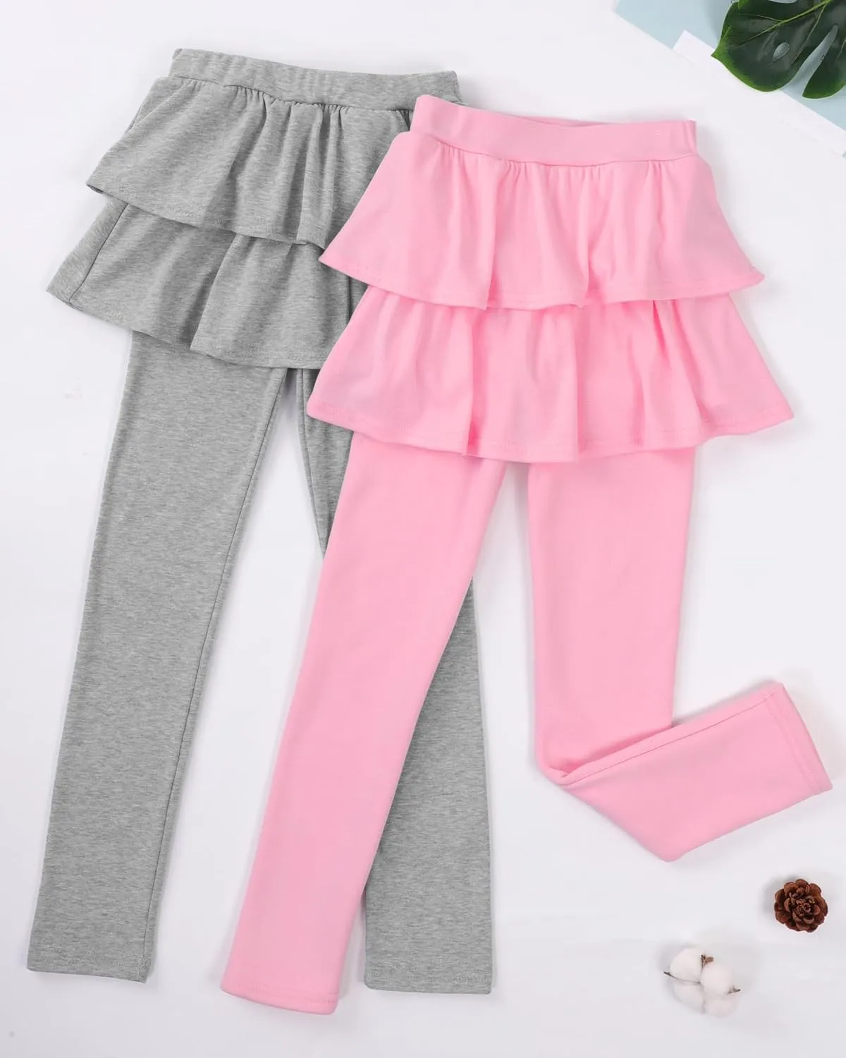 Girls Leggings with Skirts School Uniform Athletic Stretchy Tutu Pants Kids Warm Ruffle Clothes 2-Pack