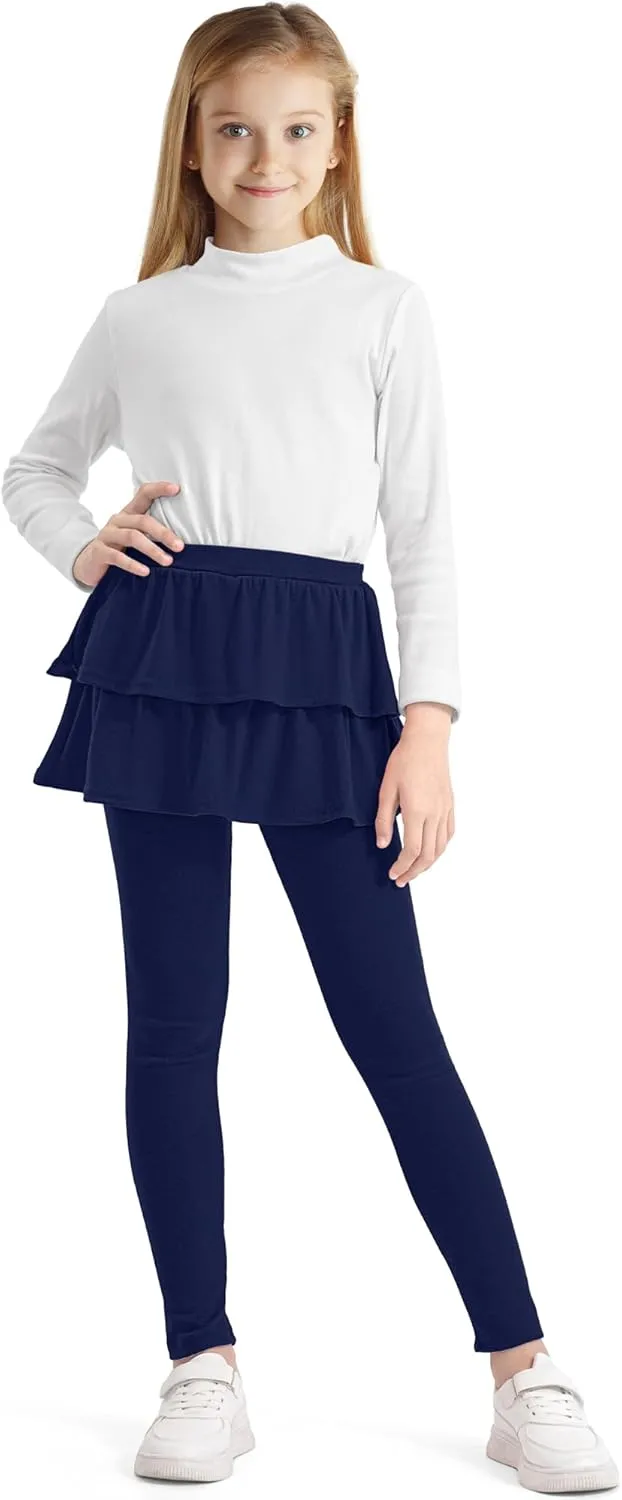 Girls Leggings with Skirts School Uniform Athletic Stretchy Tutu Pants Kids Warm Ruffle Clothes 2-Pack