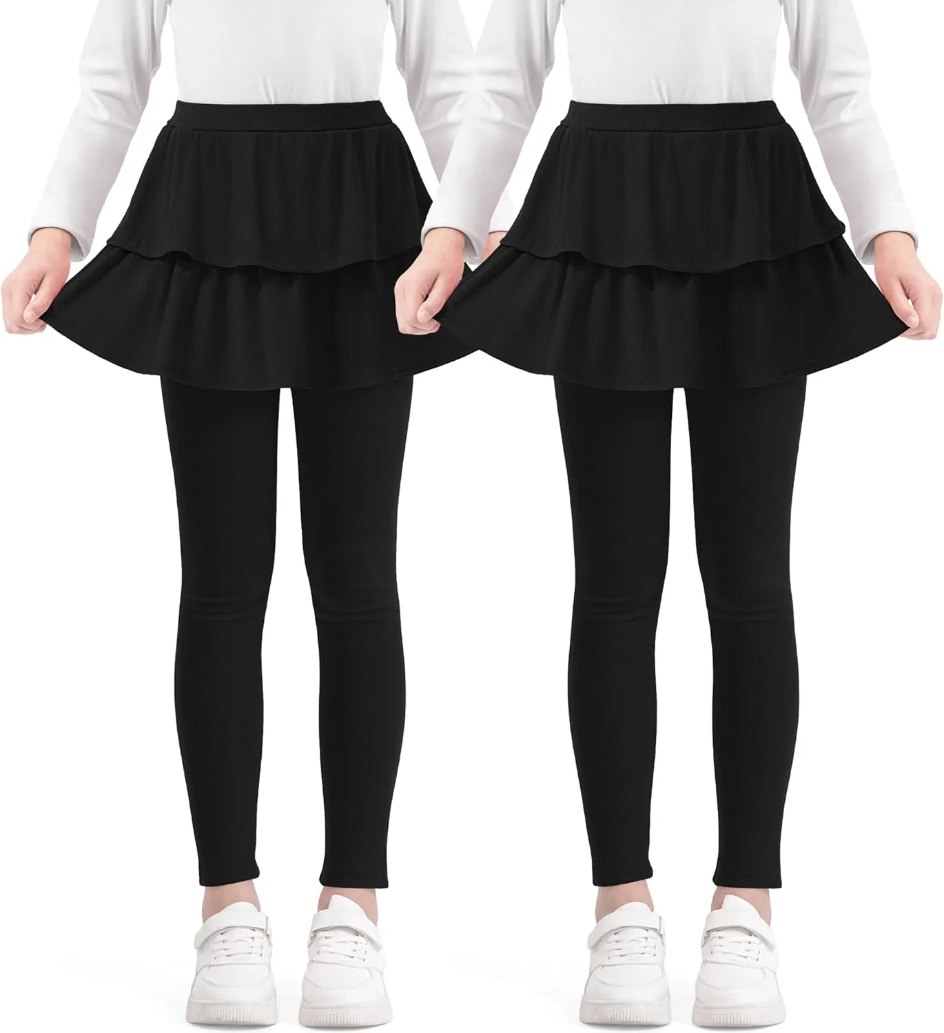 Girls Leggings with Skirts School Uniform Athletic Stretchy Tutu Pants Kids Warm Ruffle Clothes 2-Pack