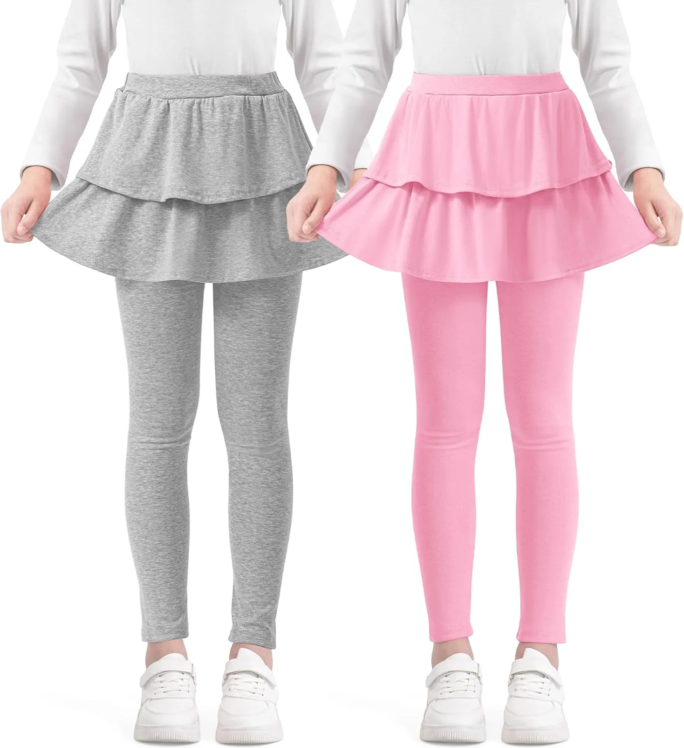 Girls Leggings with Skirts School Uniform Athletic Stretchy Tutu Pants Kids Warm Ruffle Clothes 2-Pack