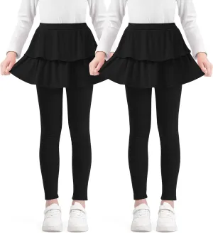 Girls Leggings with Skirts School Uniform Athletic Stretchy Tutu Pants Kids Warm Ruffle Clothes 2-Pack