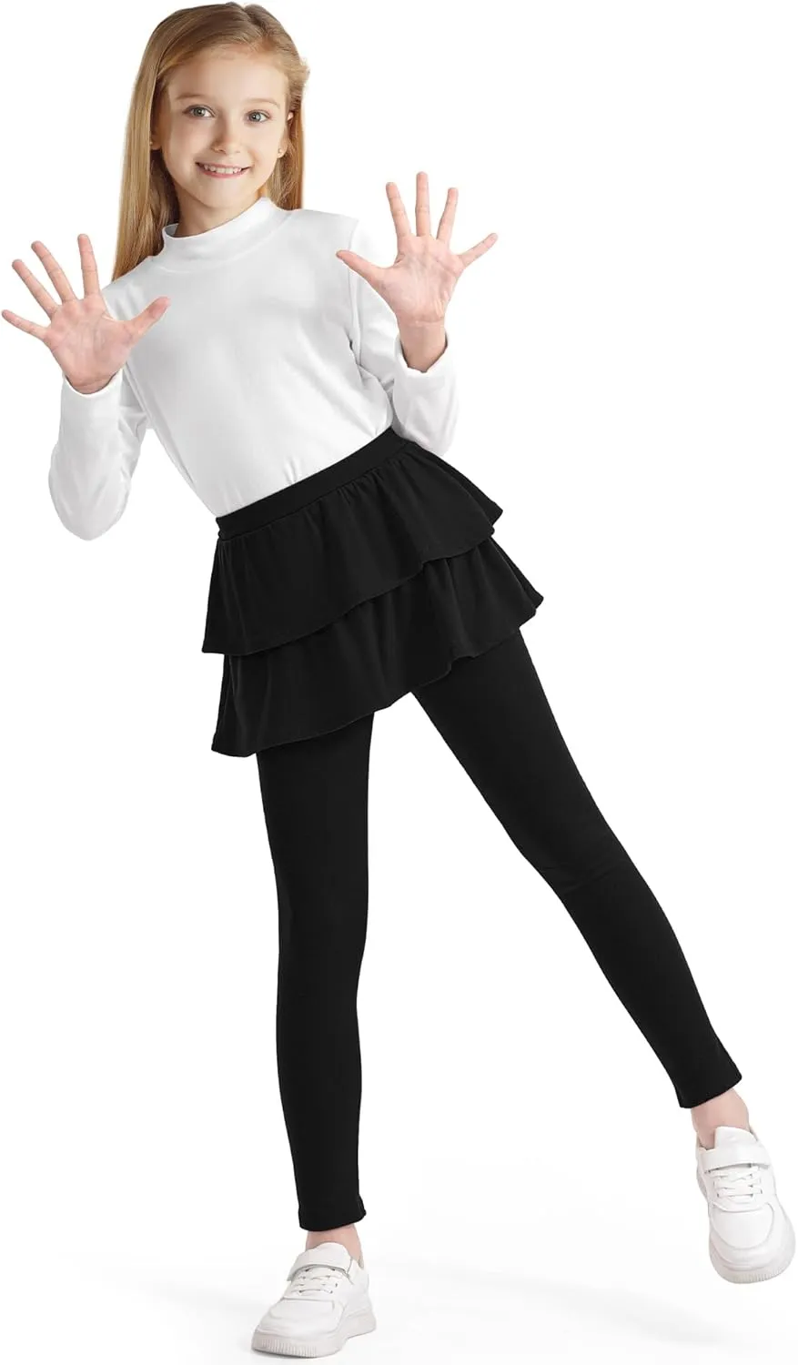 Girls Leggings with Skirts School Uniform Athletic Stretchy Tutu Pants Kids Warm Ruffle Clothes 2-Pack