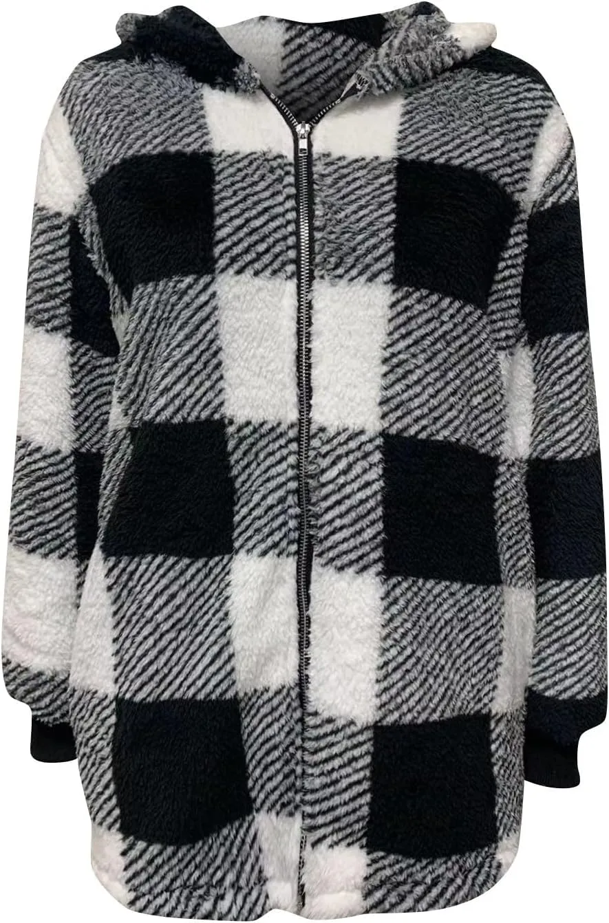 GOFULY Coats For Women Winter Soft Plush Hoodie Full Zip Fall Sherpa Jackets 2024 Plaid Cardigan With Pockets Outfits Trendy