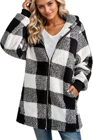 GOFULY Coats For Women Winter Soft Plush Hoodie Full Zip Fall Sherpa Jackets 2024 Plaid Cardigan With Pockets Outfits Trendy