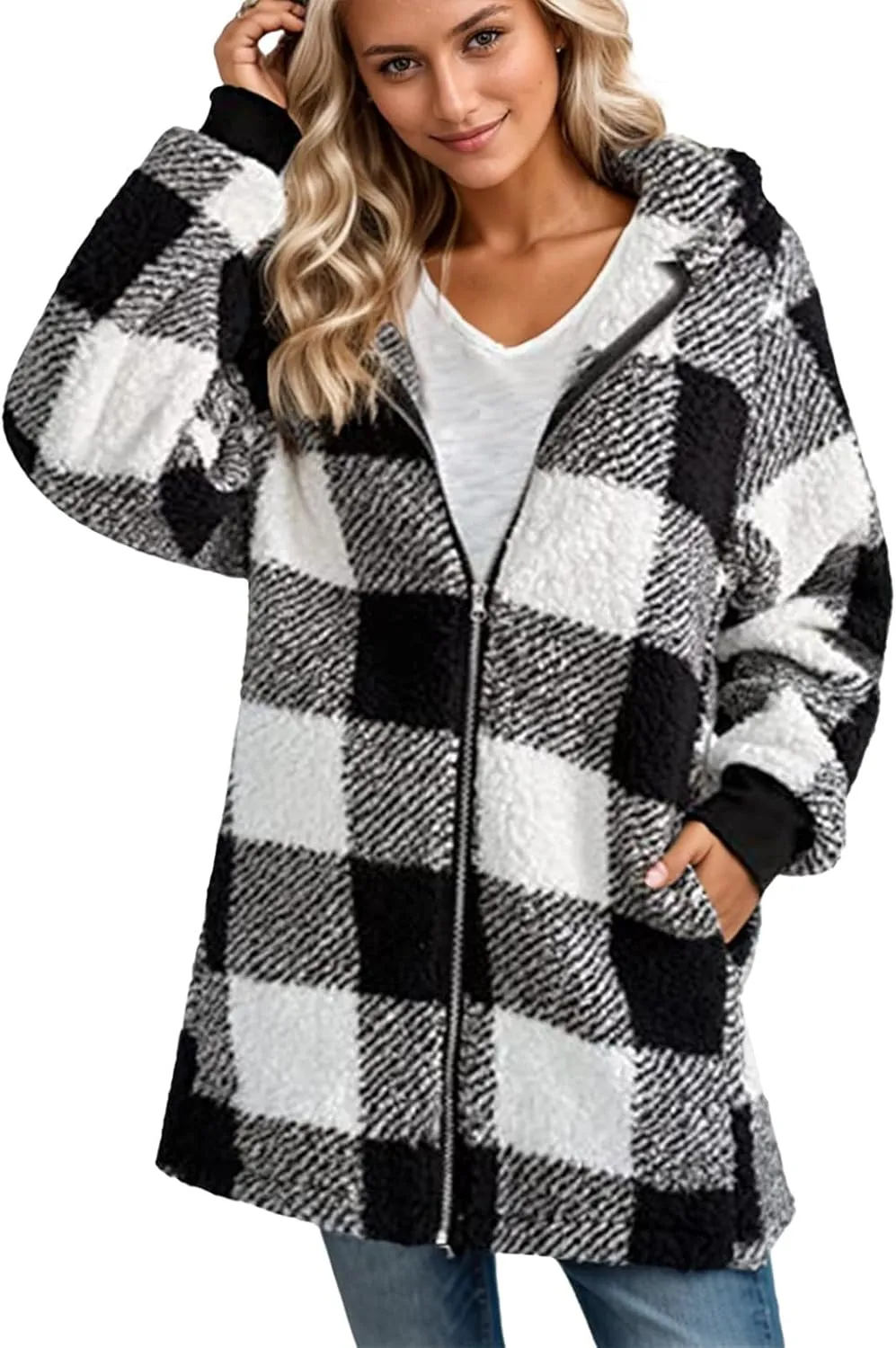 GOFULY Coats For Women Winter Soft Plush Hoodie Full Zip Fall Sherpa Jackets 2024 Plaid Cardigan With Pockets Outfits Trendy