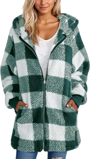 GOFULY Coats For Women Winter Soft Plush Hoodie Full Zip Fall Sherpa Jackets 2024 Plaid Cardigan With Pockets Outfits Trendy