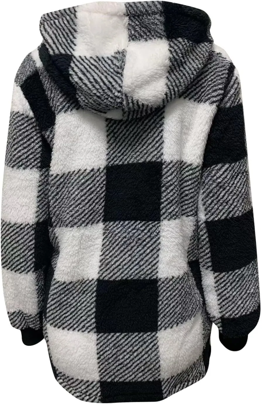 GOFULY Coats For Women Winter Soft Plush Hoodie Full Zip Fall Sherpa Jackets 2024 Plaid Cardigan With Pockets Outfits Trendy