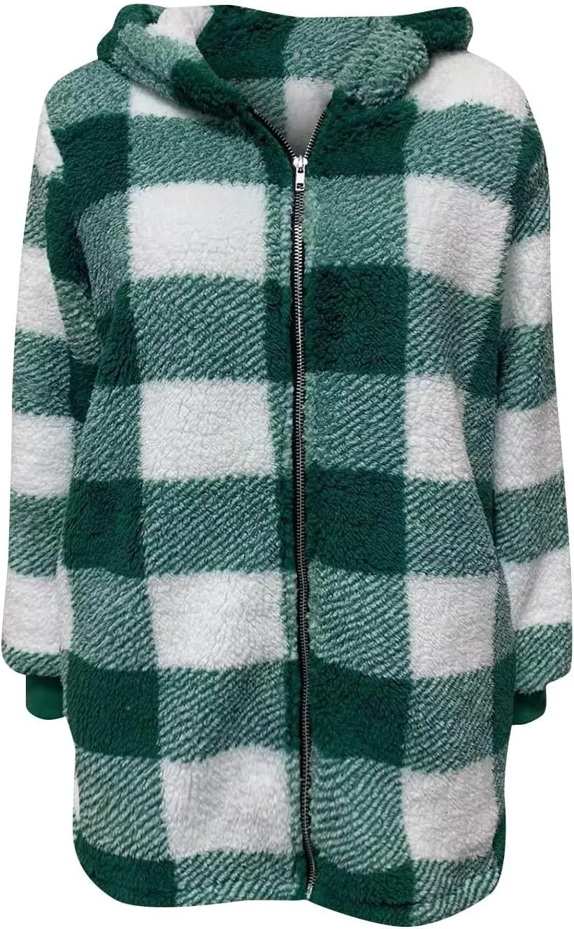 GOFULY Coats For Women Winter Soft Plush Hoodie Full Zip Fall Sherpa Jackets 2024 Plaid Cardigan With Pockets Outfits Trendy