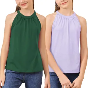 GORLYA 2 Pack Girls Halter Neck Summer Sleeveless Shirt Multipacks Casual Curvy Tank Tops for 6-14Y
