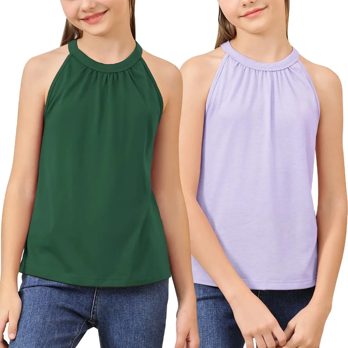 GORLYA 2 Pack Girls Halter Neck Summer Sleeveless Shirt Multipacks Casual Curvy Tank Tops for 6-14Y