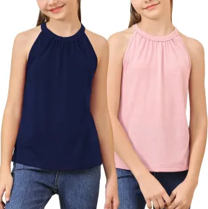 GORLYA 2 Pack Girls Halter Neck Summer Sleeveless Shirt Multipacks Casual Curvy Tank Tops for 6-14Y