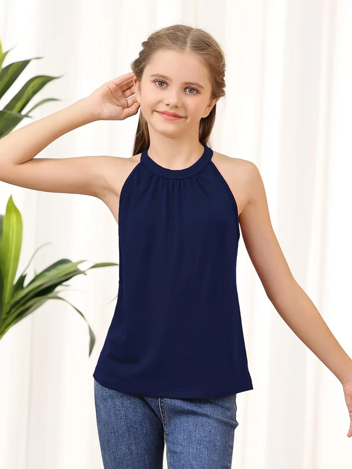 GORLYA 2 Pack Girls Halter Neck Summer Sleeveless Shirt Multipacks Casual Curvy Tank Tops for 6-14Y