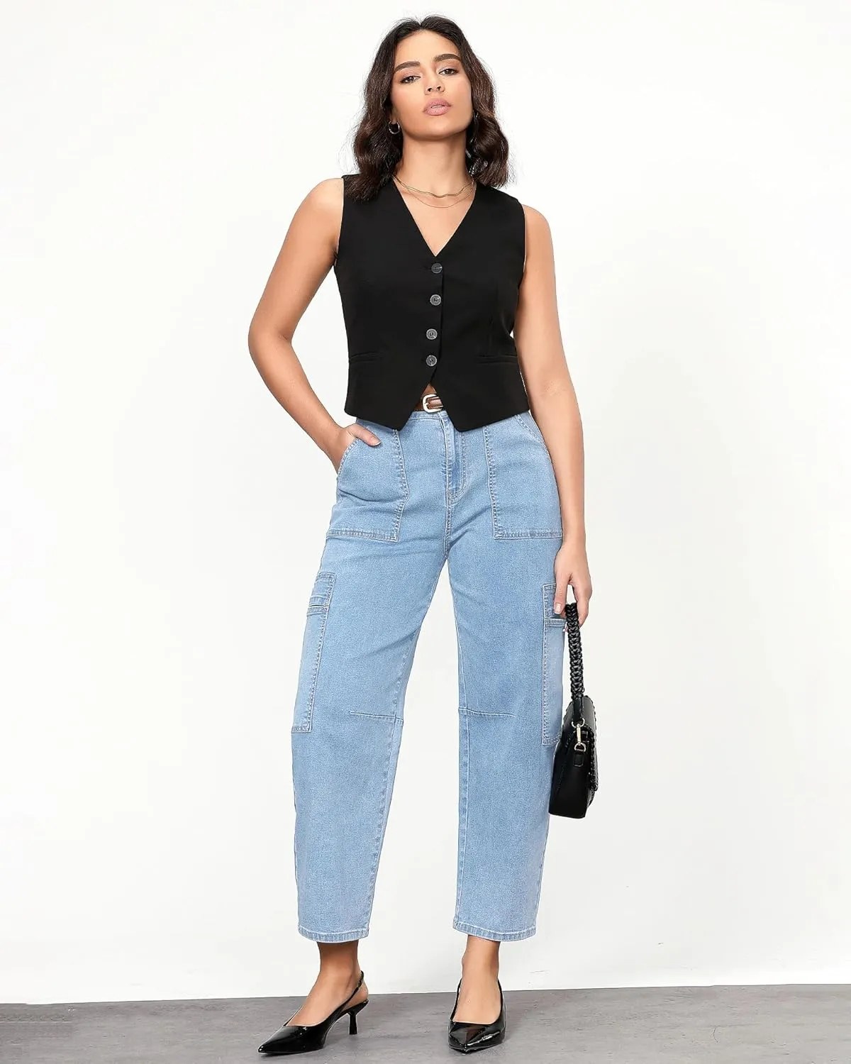 GRAPENT Barrel Jeans for Women Trendy High Waisted Cropped Cargo Pocket Baggy Stretch Denim Pants Wide Leg Tapered Jeans