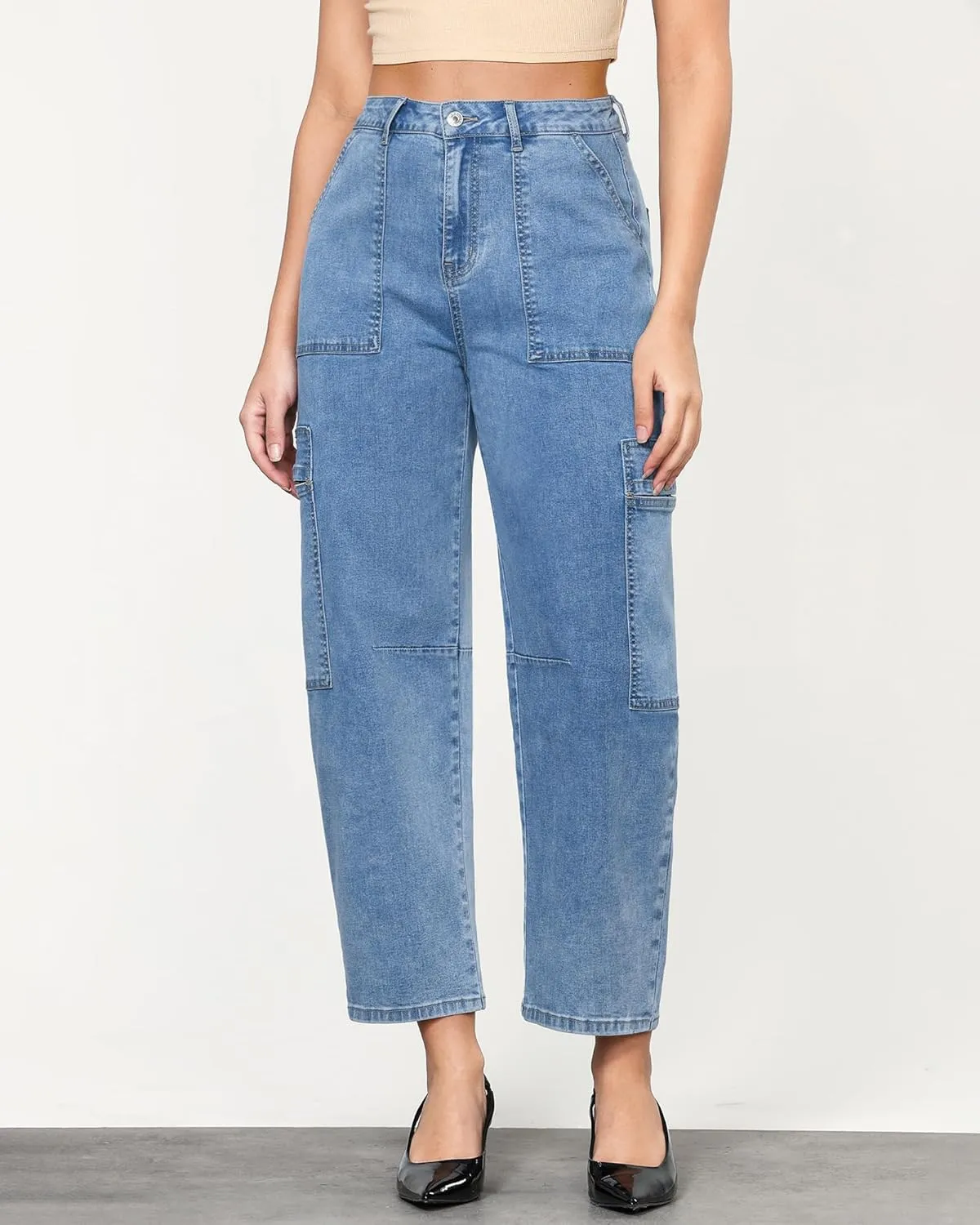 GRAPENT Barrel Jeans for Women Trendy High Waisted Cropped Cargo Pocket Baggy Stretch Denim Pants Wide Leg Tapered Jeans