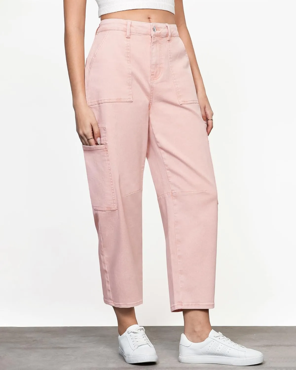 GRAPENT Barrel Jeans for Women Trendy High Waisted Cropped Cargo Pocket Baggy Stretch Denim Pants Wide Leg Tapered Jeans