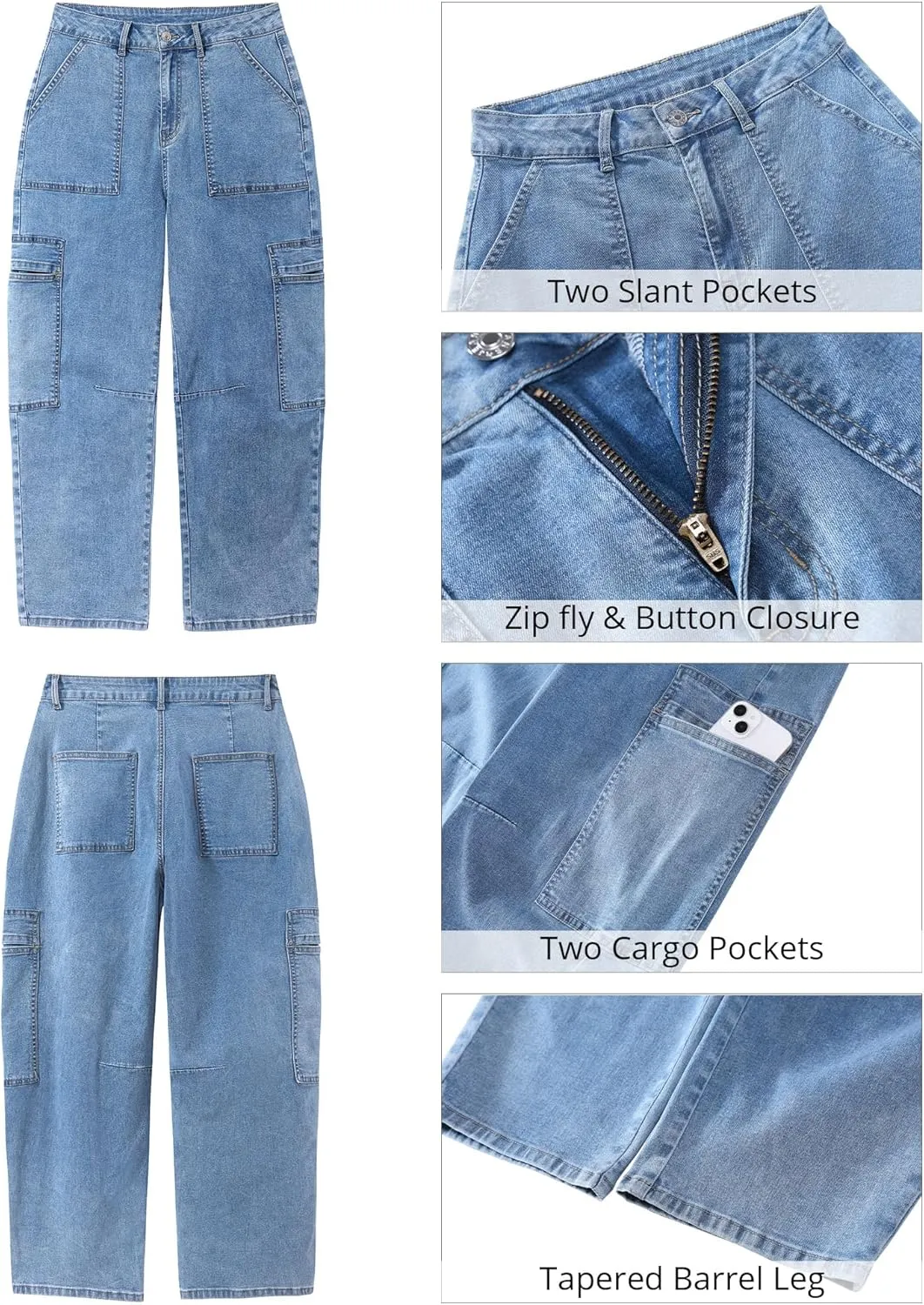 GRAPENT Barrel Jeans for Women Trendy High Waisted Cropped Cargo Pocket Baggy Stretch Denim Pants Wide Leg Tapered Jeans