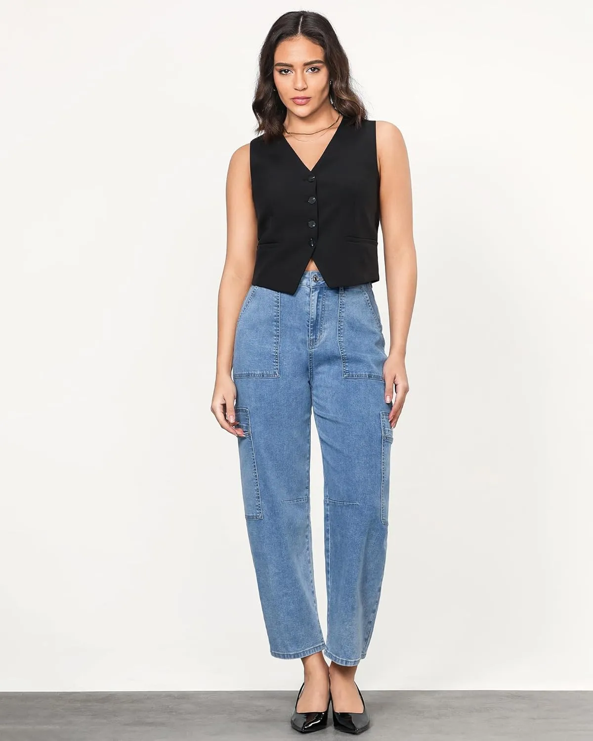 GRAPENT Barrel Jeans for Women Trendy High Waisted Cropped Cargo Pocket Baggy Stretch Denim Pants Wide Leg Tapered Jeans