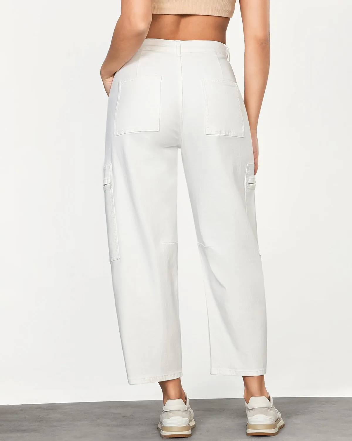 GRAPENT Barrel Jeans for Women Trendy High Waisted Cropped Cargo Pocket Baggy Stretch Denim Pants Wide Leg Tapered Jeans