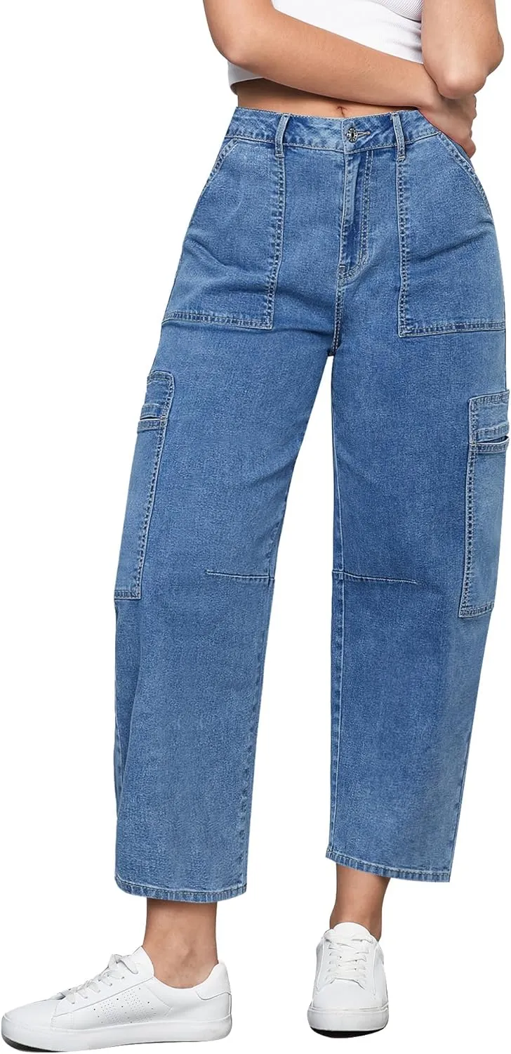 GRAPENT Barrel Jeans for Women Trendy High Waisted Cropped Cargo Pocket Baggy Stretch Denim Pants Wide Leg Tapered Jeans
