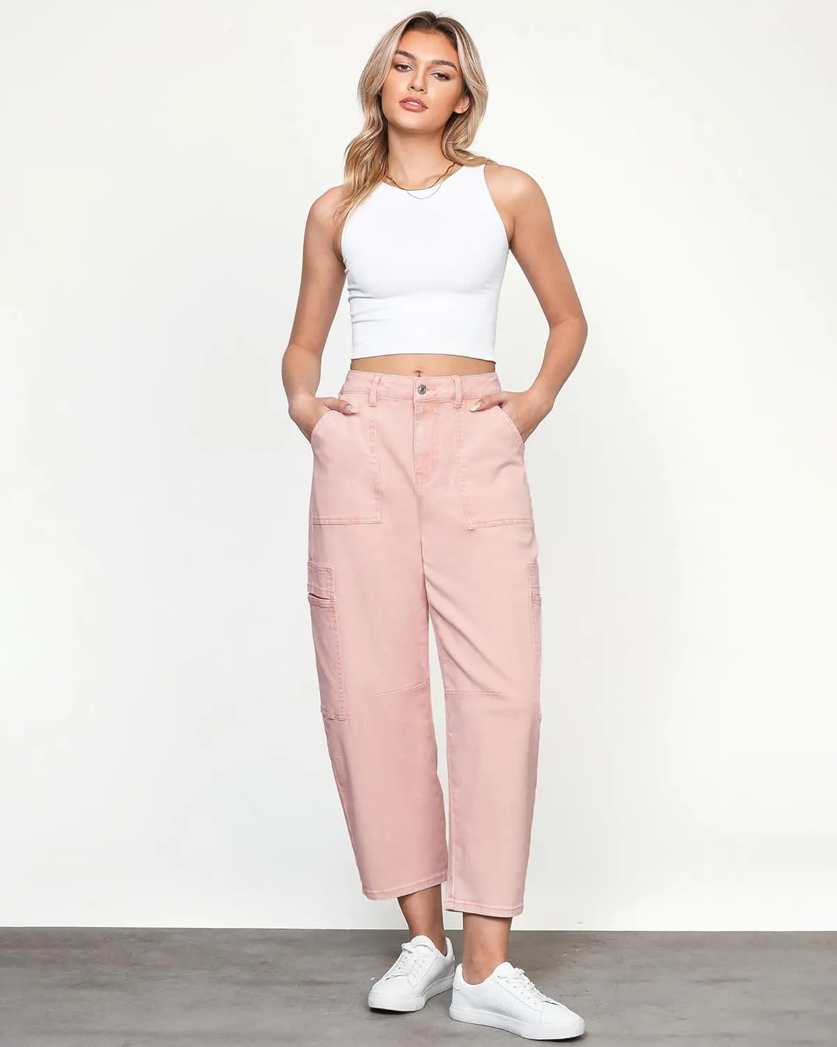 GRAPENT Barrel Jeans for Women Trendy High Waisted Cropped Cargo Pocket Baggy Stretch Denim Pants Wide Leg Tapered Jeans