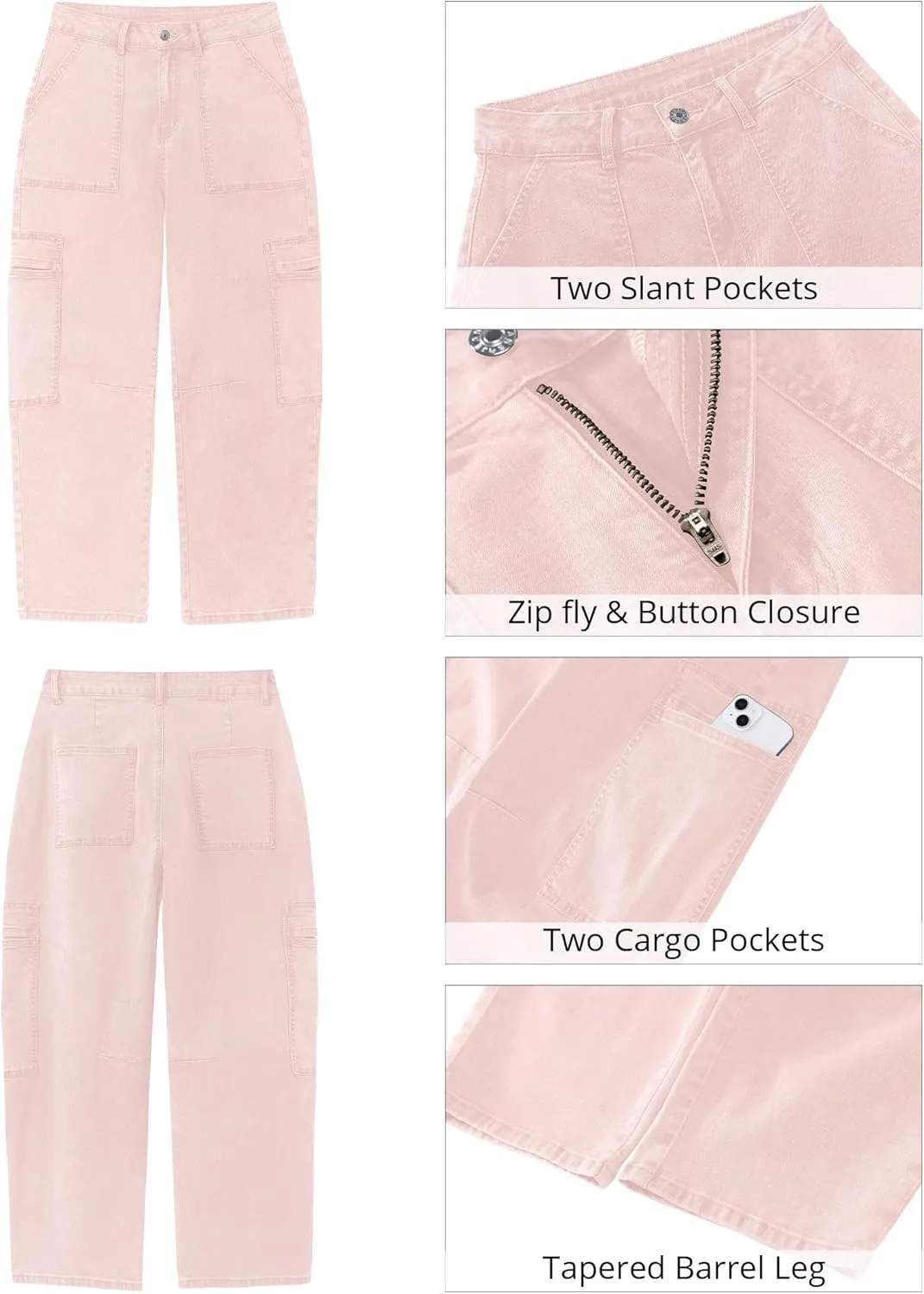 GRAPENT Barrel Jeans for Women Trendy High Waisted Cropped Cargo Pocket Baggy Stretch Denim Pants Wide Leg Tapered Jeans