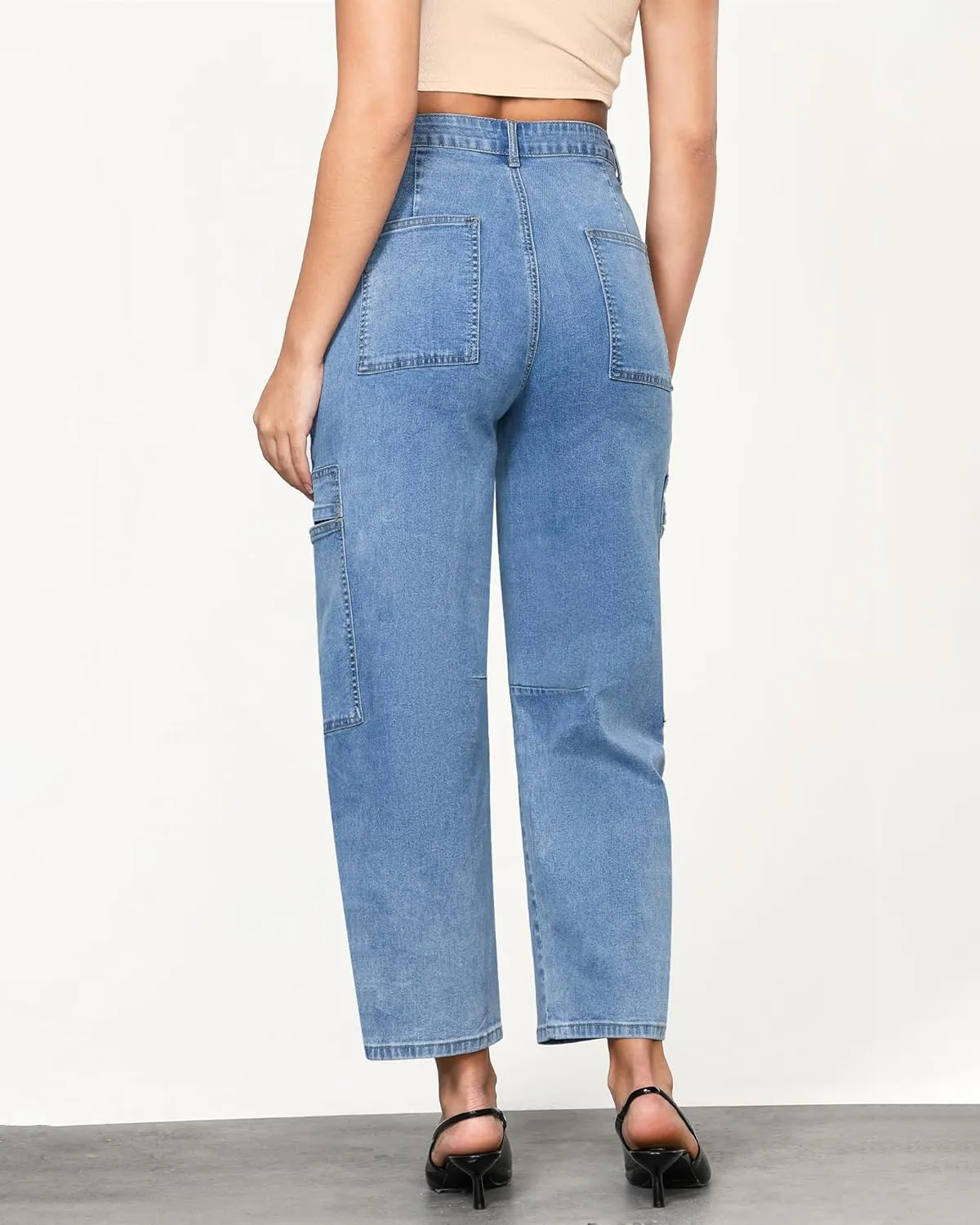 GRAPENT Barrel Jeans for Women Trendy High Waisted Cropped Cargo Pocket Baggy Stretch Denim Pants Wide Leg Tapered Jeans
