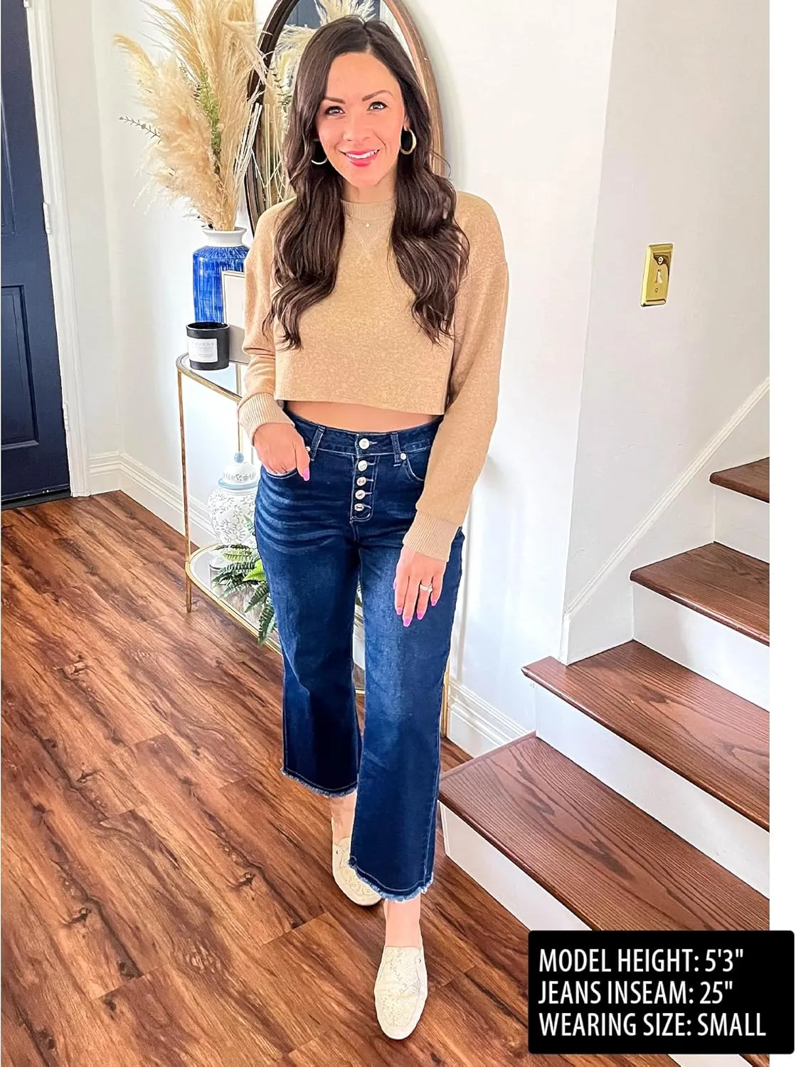 GRAPENT Capri Jeans for Women Trendy High Waisted Wide Leg Flare Button Fly Stretchy Denim Pants Raw Hem Cropped Jeans
