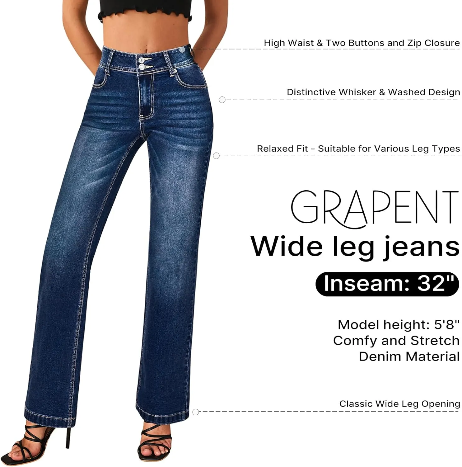 GRAPENT Wide Leg Jeans for Women Trendy High Waisted Flare Stretchy Denim Pants Baggy Dual Button Trouser Jeans Pockets