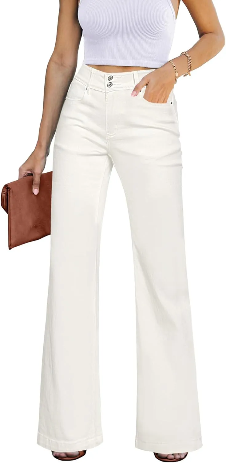 GRAPENT Wide Leg Jeans for Women Trendy High Waisted Flare Stretchy Denim Pants Baggy Dual Button Trouser Jeans Pockets
