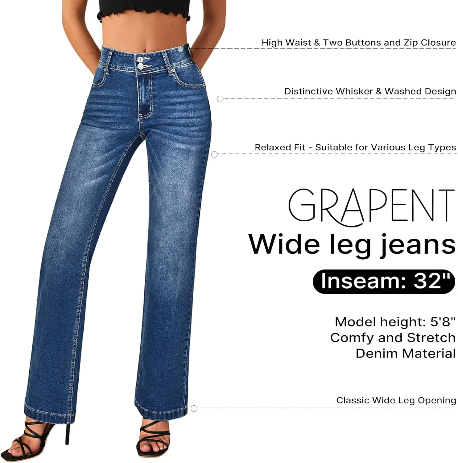 GRAPENT Wide Leg Jeans for Women Trendy High Waisted Flare Stretchy Denim Pants Baggy Dual Button Trouser Jeans Pockets