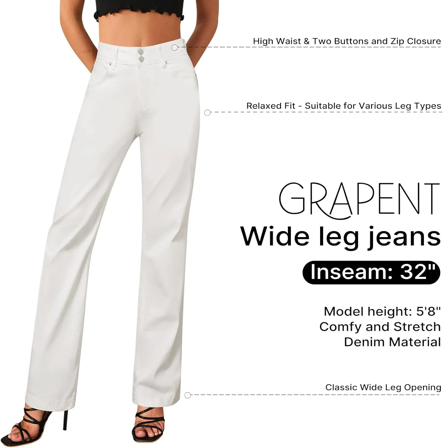 GRAPENT Wide Leg Jeans for Women Trendy High Waisted Flare Stretchy Denim Pants Baggy Dual Button Trouser Jeans Pockets