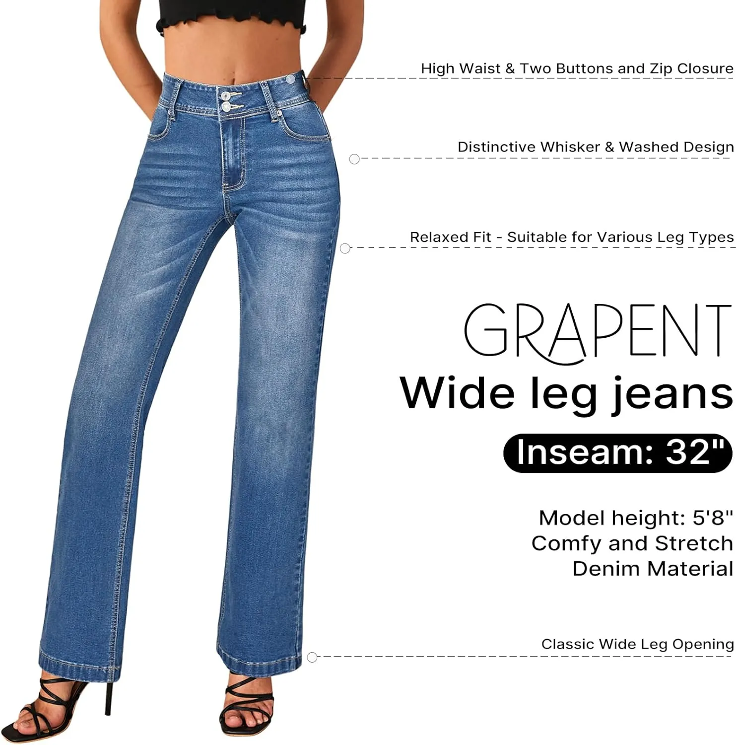 GRAPENT Wide Leg Jeans for Women Trendy High Waisted Flare Stretchy Denim Pants Baggy Dual Button Trouser Jeans Pockets