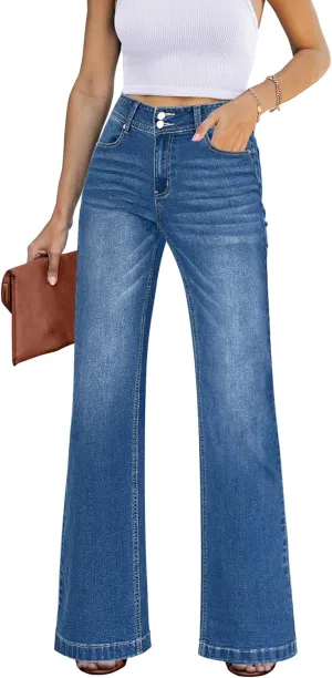 GRAPENT Wide Leg Jeans for Women Trendy High Waisted Flare Stretchy Denim Pants Baggy Dual Button Trouser Jeans Pockets