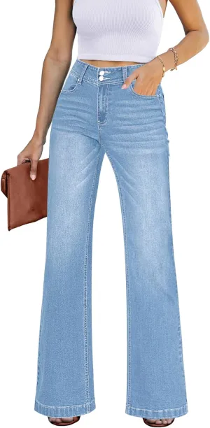 GRAPENT Wide Leg Jeans for Women Trendy High Waisted Flare Stretchy Denim Pants Baggy Dual Button Trouser Jeans Pockets