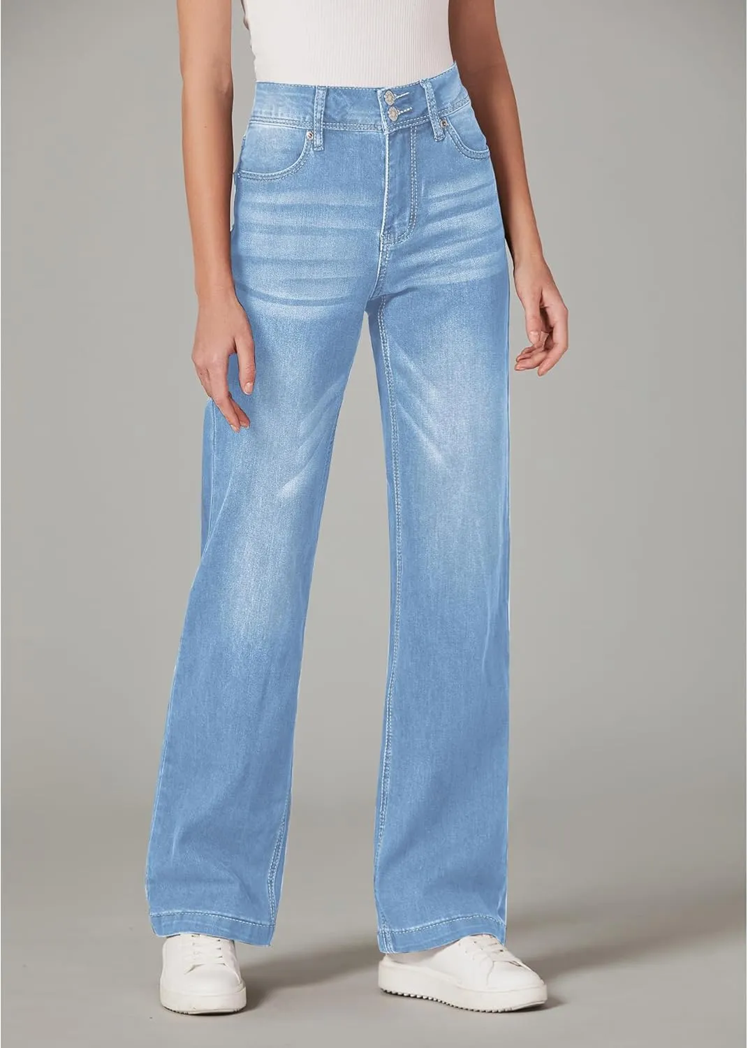 GRAPENT Wide Leg Jeans for Women Trendy High Waisted Flare Stretchy Denim Pants Baggy Dual Button Trouser Jeans Pockets