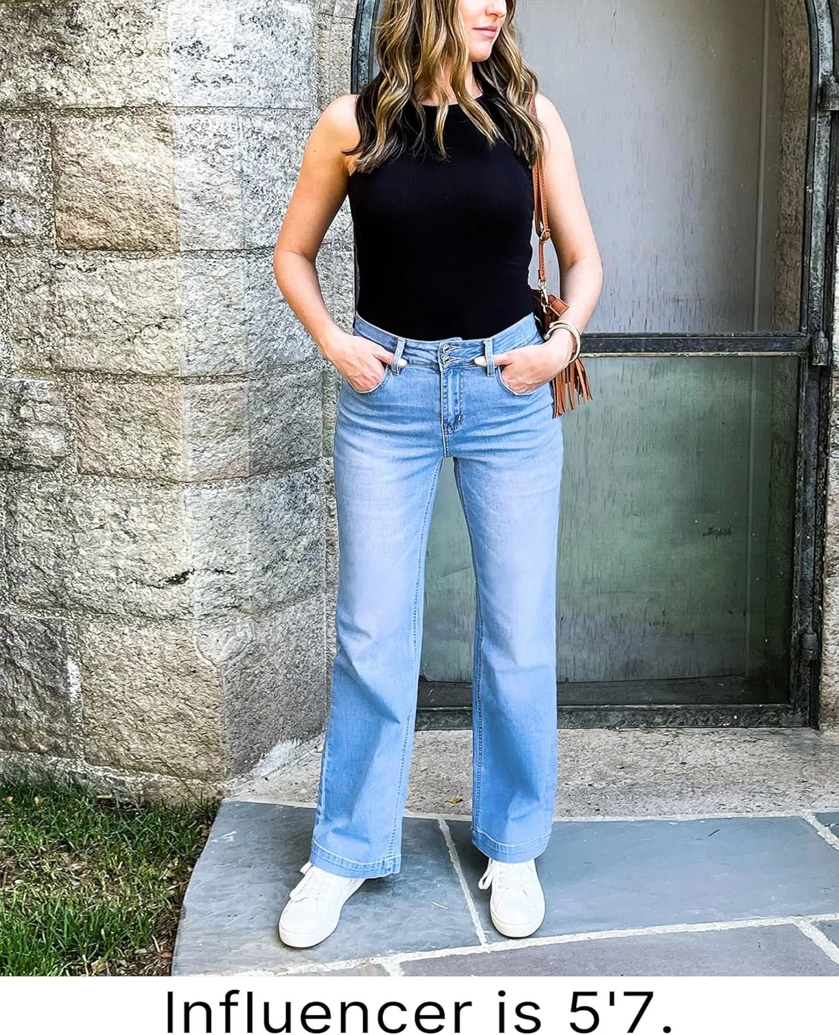 GRAPENT Wide Leg Jeans for Women Trendy High Waisted Flare Stretchy Denim Pants Baggy Dual Button Trouser Jeans Pockets