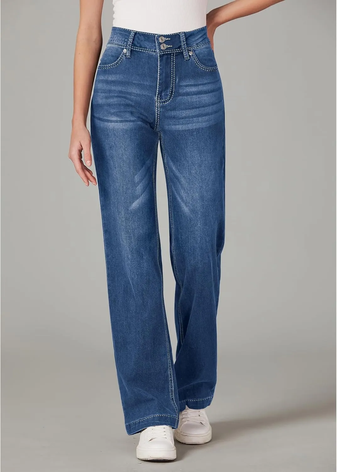 GRAPENT Wide Leg Jeans for Women Trendy High Waisted Flare Stretchy Denim Pants Baggy Dual Button Trouser Jeans Pockets