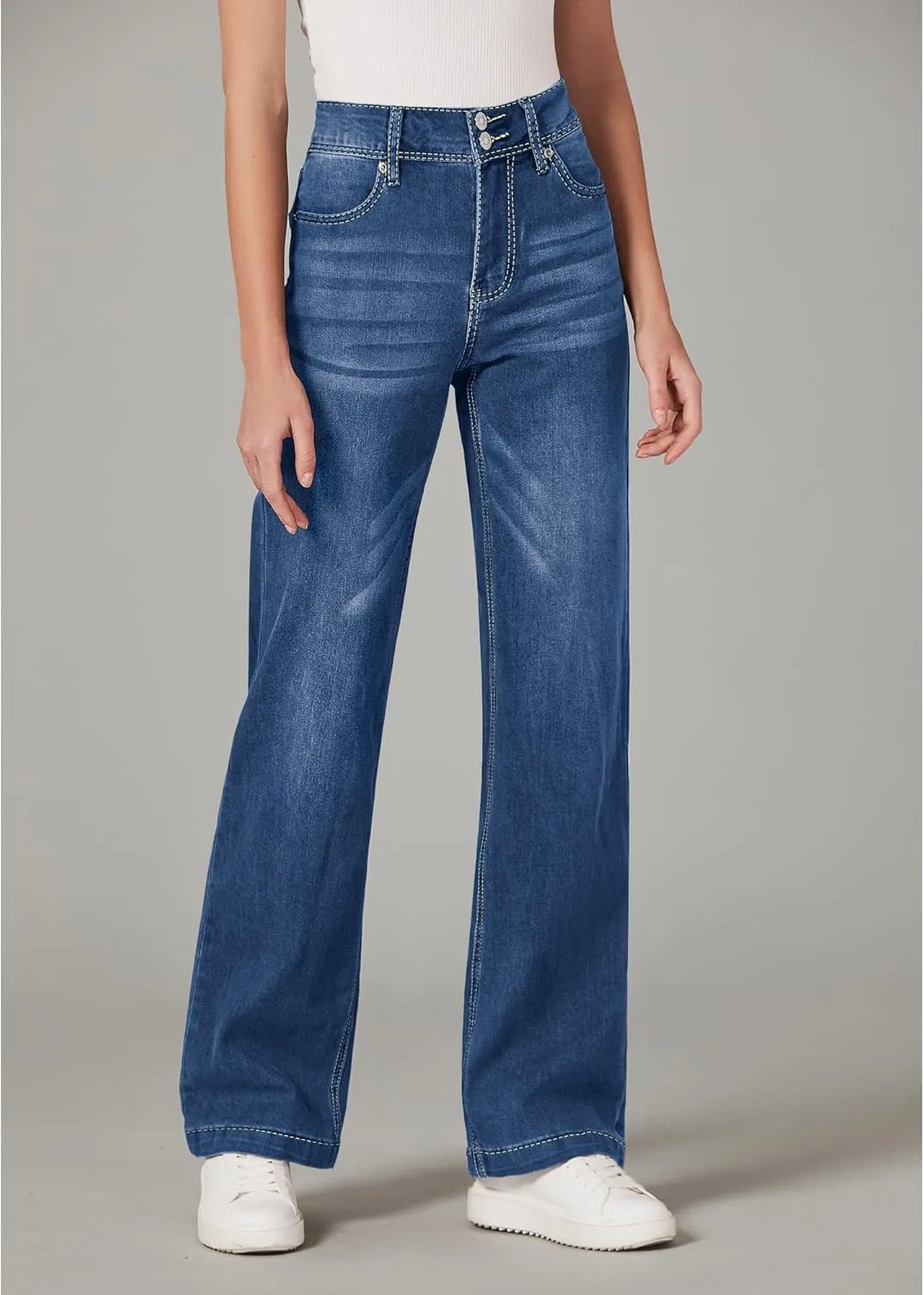 GRAPENT Wide Leg Jeans for Women Trendy High Waisted Flare Stretchy Denim Pants Baggy Dual Button Trouser Jeans Pockets