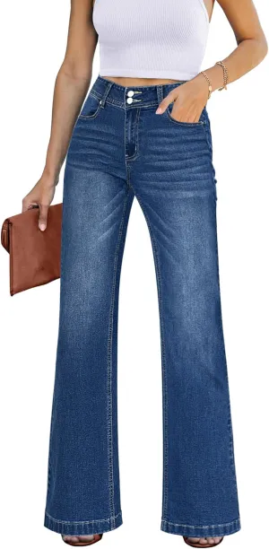 GRAPENT Wide Leg Jeans for Women Trendy High Waisted Flare Stretchy Denim Pants Baggy Dual Button Trouser Jeans Pockets