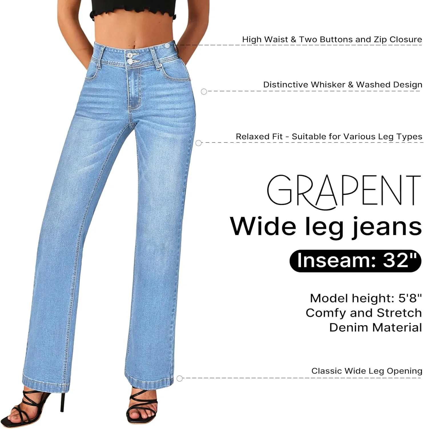 GRAPENT Wide Leg Jeans for Women Trendy High Waisted Flare Stretchy Denim Pants Baggy Dual Button Trouser Jeans Pockets