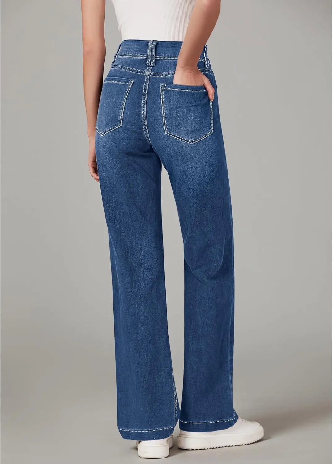 GRAPENT Wide Leg Jeans for Women Trendy High Waisted Flare Stretchy Denim Pants Baggy Dual Button Trouser Jeans Pockets