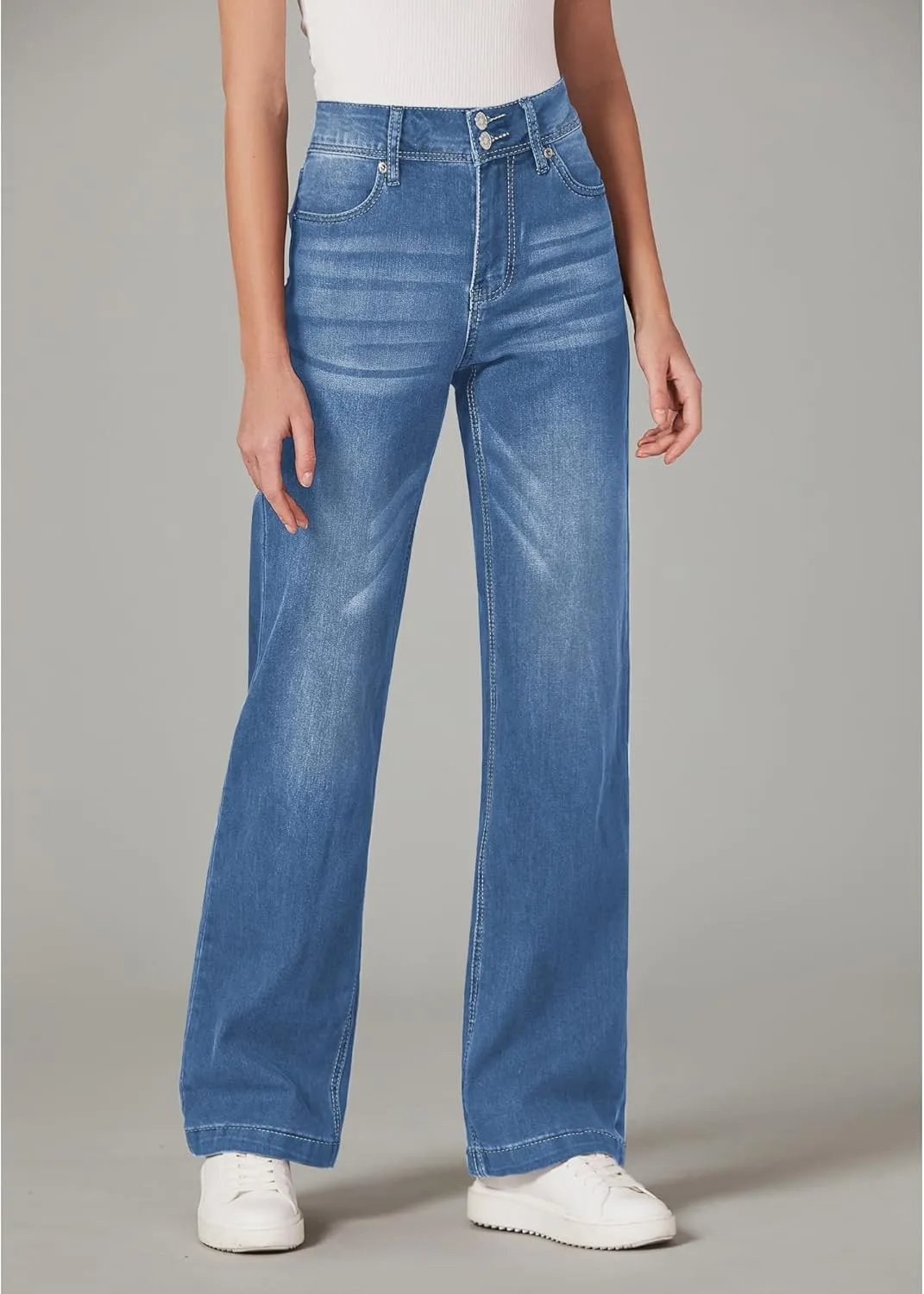 GRAPENT Wide Leg Jeans for Women Trendy High Waisted Flare Stretchy Denim Pants Baggy Dual Button Trouser Jeans Pockets