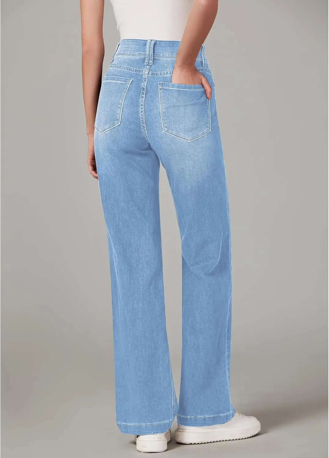 GRAPENT Wide Leg Jeans for Women Trendy High Waisted Flare Stretchy Denim Pants Baggy Dual Button Trouser Jeans Pockets