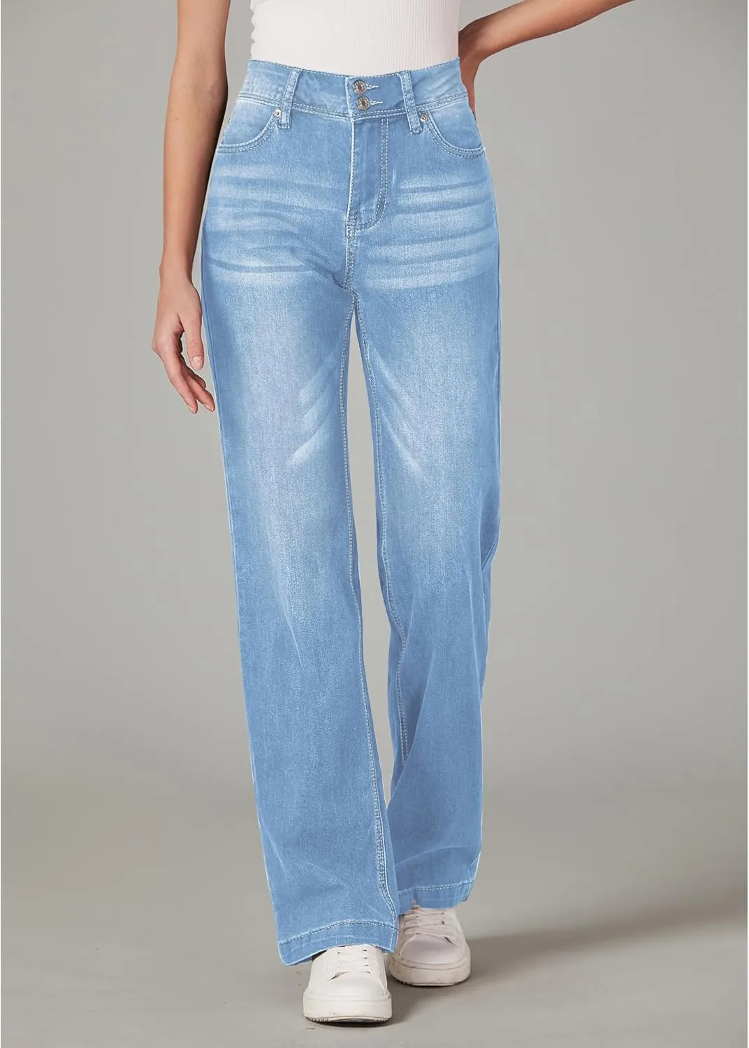 GRAPENT Wide Leg Jeans for Women Trendy High Waisted Flare Stretchy Denim Pants Baggy Dual Button Trouser Jeans Pockets